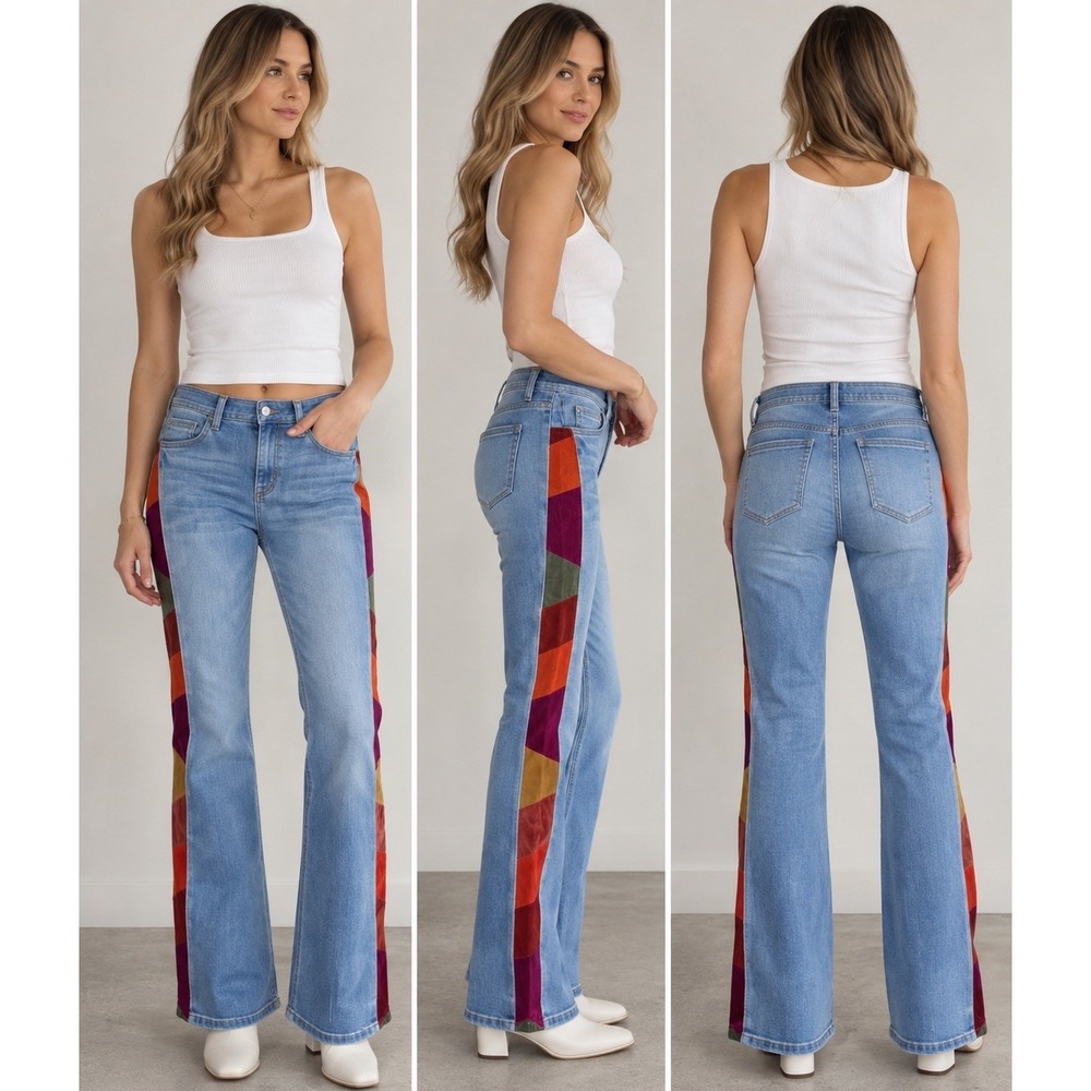 Tru Luxe Jeans Sz 4 Blue Bootcut Multicolor Patchwork Side Stripe Boho Western